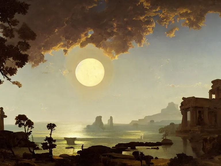 Image similar to an oil painting of a serene coastline on an alien planet at dawn with ancient temple ruin and bright moon in the sky by carl spitzweg and tuomas korpi. baroque elements, full-length view. baroque element. intricate artwork by caravaggio. Trending on artstation. 8k