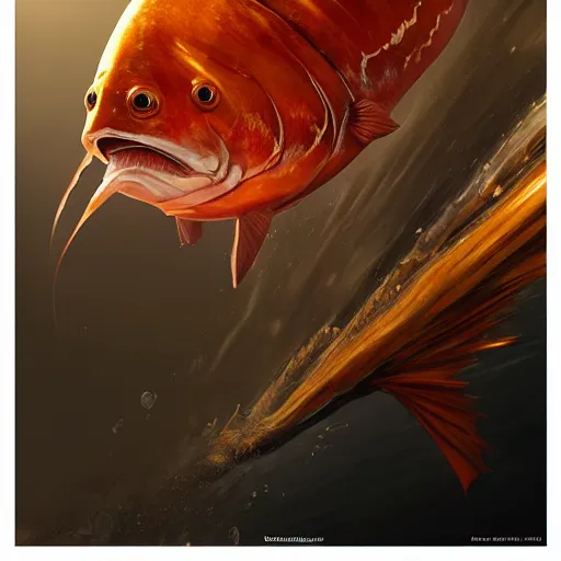 Image similar to portrait of a magikarp, huge realistic, elegant, rule of thirds, wide angle, highly detailed, artstation, concept art, matte, sharp focus, art by greg rutkowski, cover by artgerm