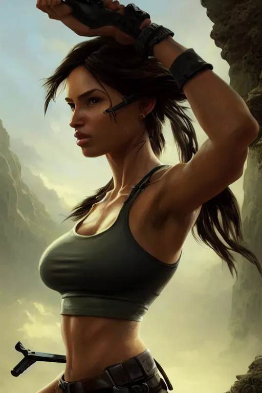 Image similar to Lara Croft, wide angle, super highly detailed, professional digital painting, artstation, concept art, smooth, sharp focus, no blur, no dof, extreme illustration, Unreal Engine 5, Photorealism, HD quality, 8k resolution, cinema 4d, 3D, beautiful, cinematic, art by artgerm and greg rutkowski and alphonse mucha and loish and WLOP