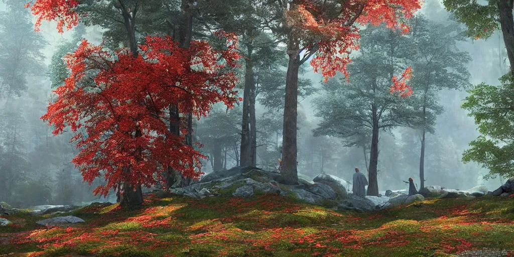 Prompt: A hyperrealistic concept art of a very beautiful kashmir valley, lots of red maple trees, stunning massive ornately 3d render inspired art by Renato muccillo and Andreas Rocha and Johanna Rupprecht + symmetry + natural volumetric lighting, 8k octane beautifully detailed render, post-processing, highly detailed, intricate complexity, epic composition, magical atmosphere, cinematic lighting + masterpiece, trending on artstation
