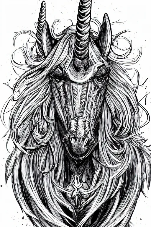 Image similar to bloodthirsty unicorn, symmetrical, highly detailed, digital art, sharp focus, trending on art station, kentaro miura manga art style