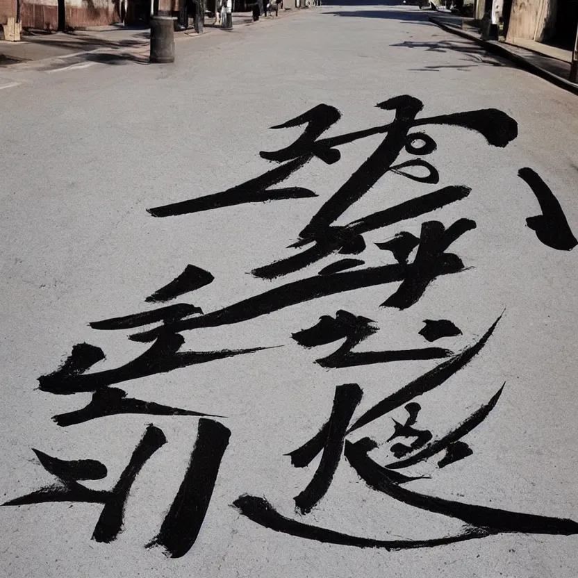 Image similar to a beautiful calligraphic kanji painted on the street, akira style, hyper realistic, natural light