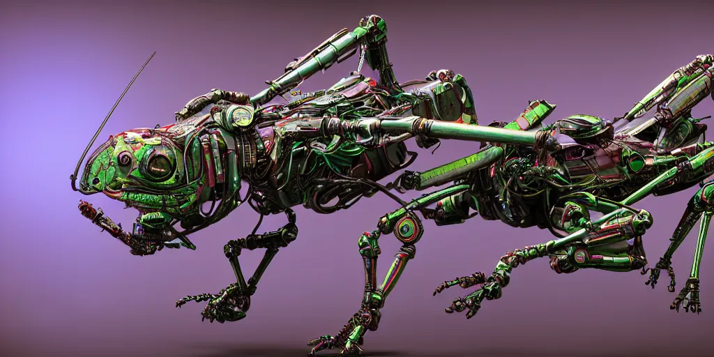 Prompt: the anatomy of a grasshopper robot, ambient occlusion, 3 d, maximum noise reduction, cyberpunk style, fallout 5, deep colors and studio lighting