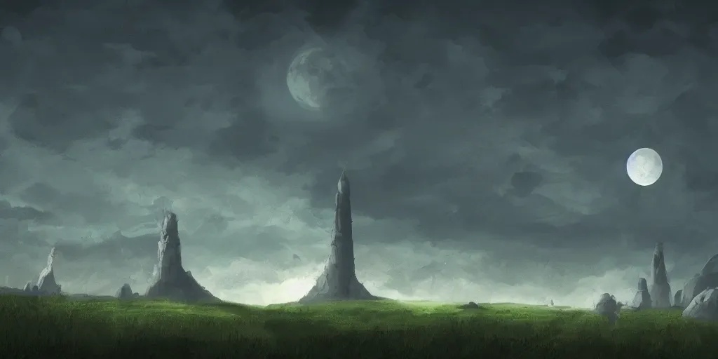 Prompt: The great marble wizards tower, painted landscape,green fields in the background, moody lighting, moon in the night sky, artstation, digital art