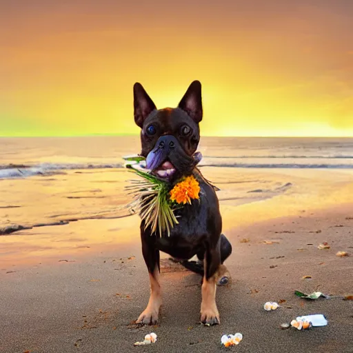 Image similar to a dog bringing a flower bouquet at its mouth, beach scenery, golden hour, sunset