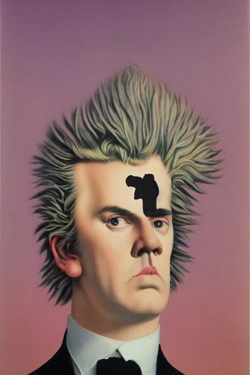 Prompt: Portrait en plein pied of a punk rocker with extravagant hair sneering, dramatic lighting, by René Magritte, museum catalog, high definition,