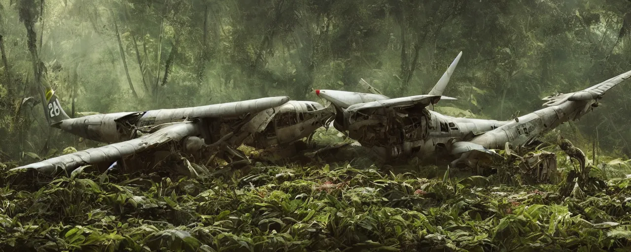 Prompt: an intricate concept art of a crashed military plane in the middle of a bamboo jungle, artstation, sci - fi, hyper realistic, concept art, art by dylan cole, cinematic lighting, octane render