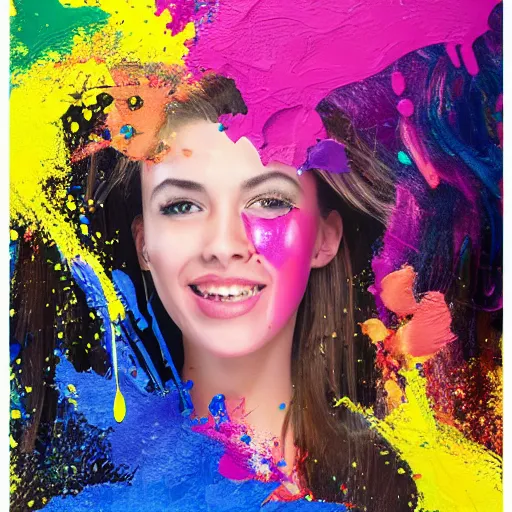 Image similar to potrait of a female model get splash with paint liquid , commercial ads