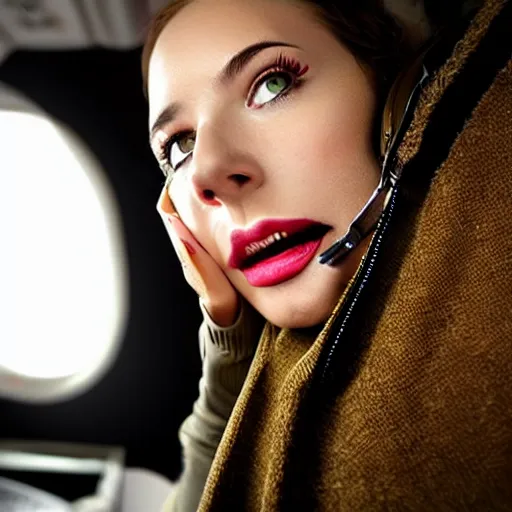 Image similar to still photo, young woman, falling from plane, scared face, camera view from beneath the person, putting makeup on