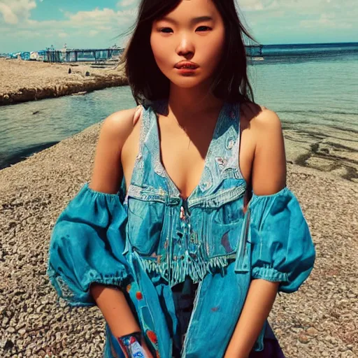 Prompt: a portrait of a young asiatic lady, perfect face, hot summertime hippie, Summer outfit, seafront background , sunny day, perfecly detailed, realistic portrait, perfect design, natural light