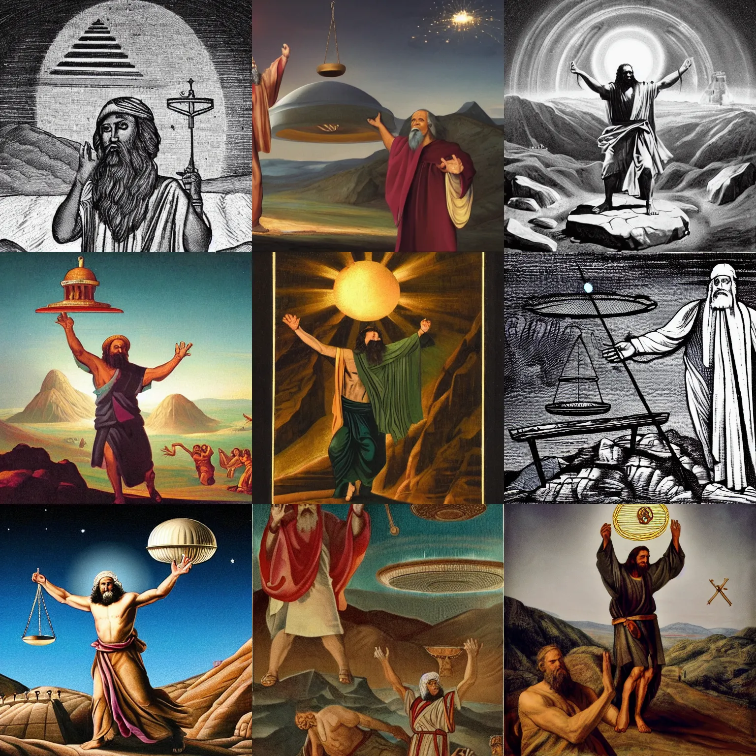 Prompt: moses with the tables of the law in his hands coming down from the mount sinai and a ufo in the background with an alien dancing breakdance