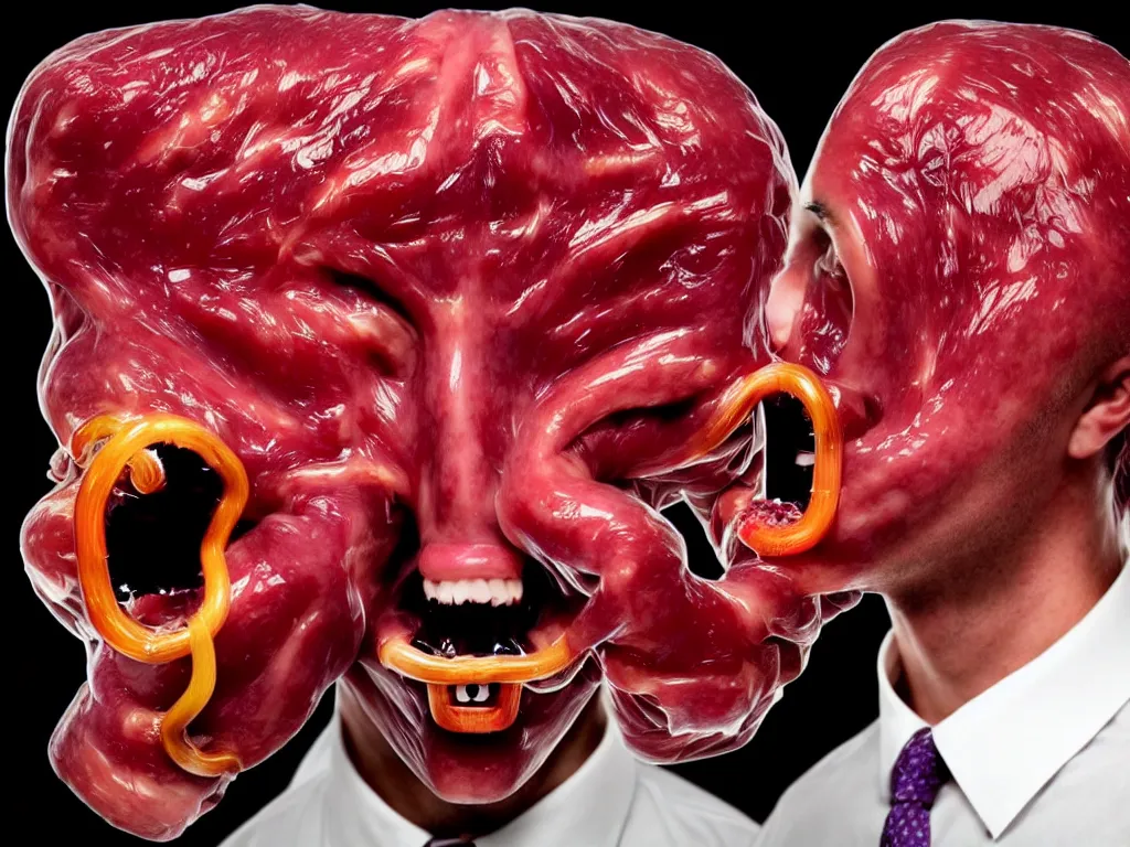 Prompt: a perfect colour horrifying portrait photograph of a man with 7 3 eyes. tubes emerging from his nostrils and mouth. head expanded to a perfect cube, covered in translucent beef. perfect focus, studio lighting, gallery setting. inspired by chinese nuclear weapon launching