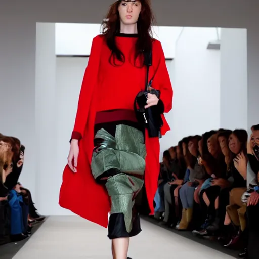 Image similar to goblin girl models the latest in celine fashion on the runway