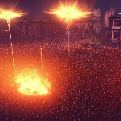 Image similar to the biggest mosh pit in the world, punks throwing Molotovs in the air, fighting, flame and fire, glowing upside cross, cinematic, epic, volumetric, godrays, dynamic lighting, dust flying up into the air, people shooting into the air with guns, octane render, photorealistic, unreal engine, artstation, artstation trending, artstation hq, artstation hd, Pinterest, 8k, ultra detailed, ultra realistic,