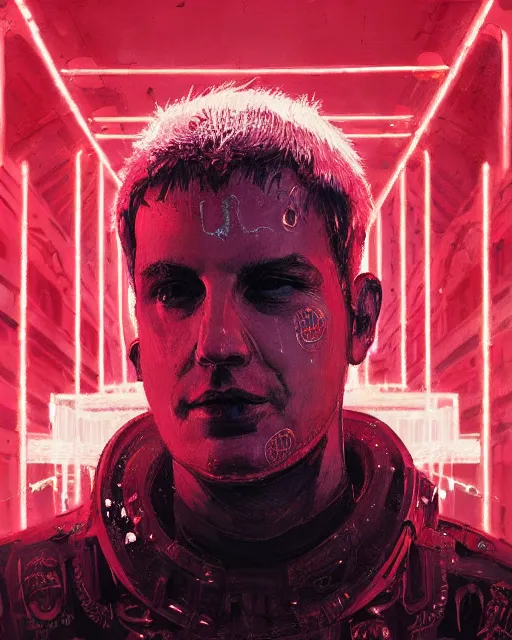 Image similar to detailed portrait Neon Emperor Nero, cyberpunk futuristic neon, reflective red coats, decorated with traditional Rome ornaments, burning Circus Maximus behind by Ismail inceoglu dragan bibin hans thoma greg rutkowski Alexandros Pyromallis Nekro Rene Maritte Illustrated, Perfect face, fine details, realistic shaded, fine-face, pretty face