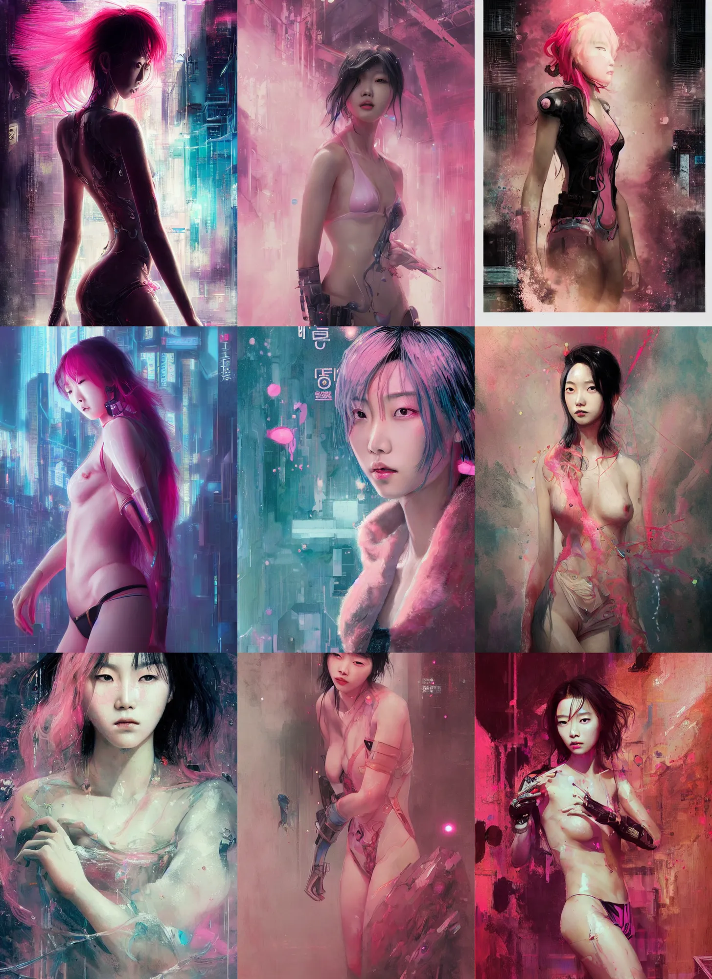 Prompt: lee jin - eun emerging from pink water in cyberpunk theme by yoann lossel, rule of thirds, seductive look, beautiful