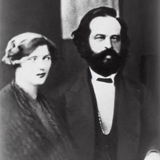 Image similar to Karl Marx and Ayn Rand, wedding photo, 1920, church backround