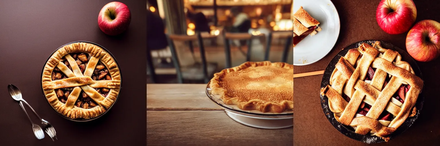 Prompt: photo of apple pie on a table in a dessert shop in new york city, photorealistic, ultra realistic, maximum detail, foreground focus, 8k, volumetric light, cinematic, octane render, food photography, recipes.com, epicurious, instagram