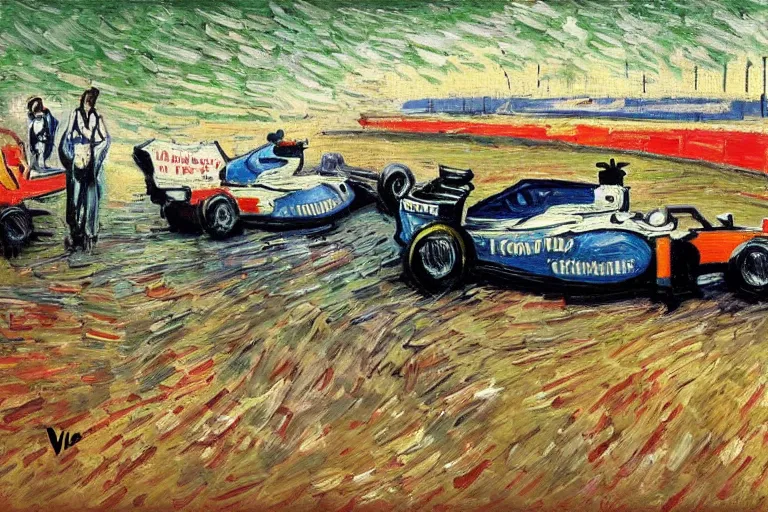 Prompt: formula 1 racing as painted by van gogh, detailed, wet brush, poster art