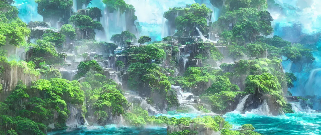 Image similar to a small crumbling island with waterfalls flowing off the island, floating in space, studio ghibli, digital art, detailed, depth of field