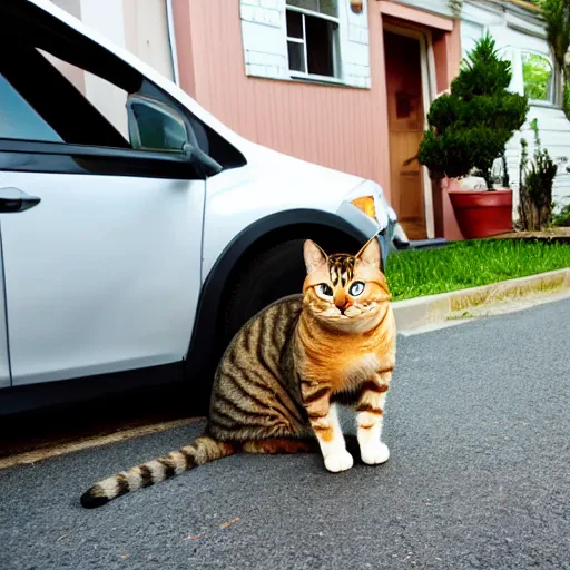 Prompt: a cat that is gigantic and sitting right next to a car outside of a house