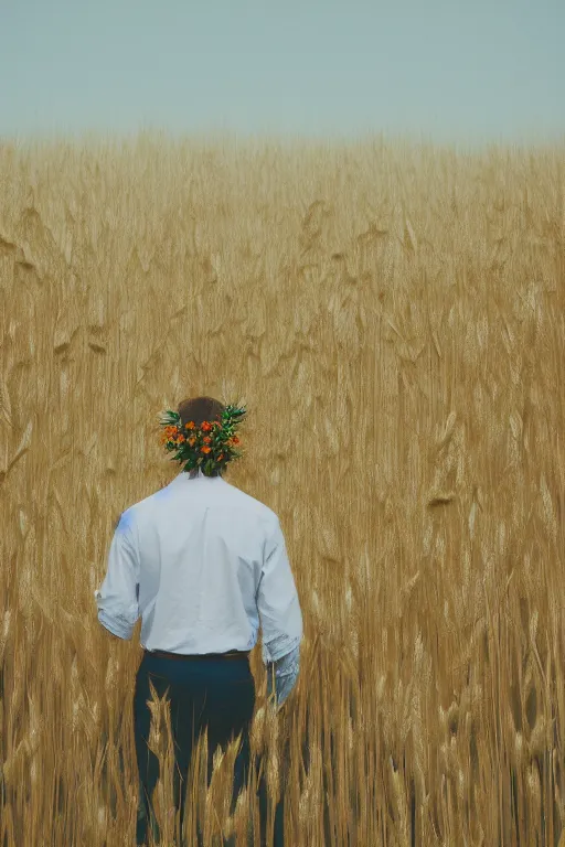 Image similar to kodak portra 4 0 0 photograph of a guy standing in a field of wheat, back view, flower crown, telephoto, faded effect, grain,