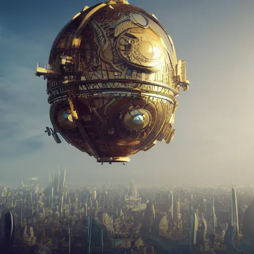 Image similar to enormous flying city in a faberge egg, sky, steampunk, fantasy art, masterpiece, hugh ferriss, octane render