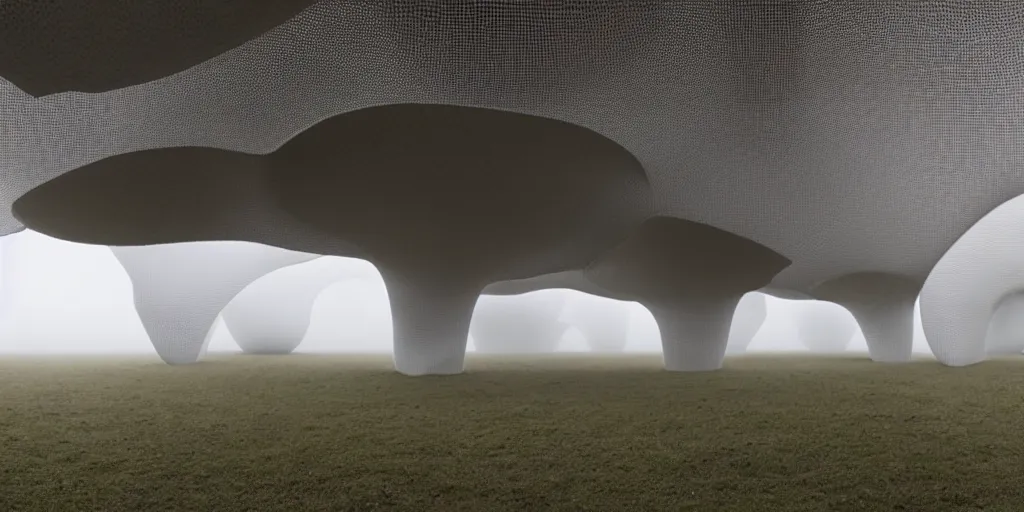 Prompt: white honeycomb organic building with warm illumination inside by ernesto neto sits on the field evening atmosphere in low fog, 4 k, insanely quality, highly detailed, film still from the movie directed by denis villeneuve with art direction by zdzisław beksinski, telephoto lens, shallow depth of field