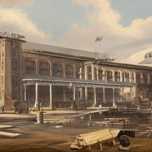 Prompt: government warehouse, matte painting, michael pangrazio