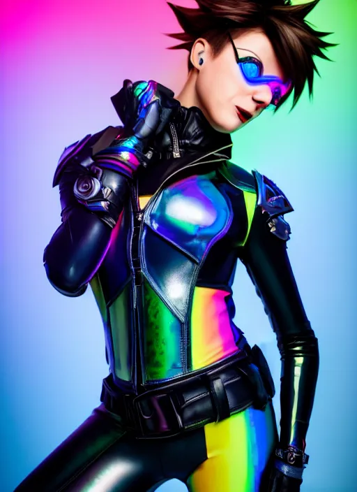 Image similar to hyperrealistic style portrait of tracer overwatch, confident pose, wearing black iridescent rainbow latex, rainbow, neon, 4 k, expressive happy smug expression, makeup, in style of mark arian, wearing detailed black leather collar, wearing sleek armor, black leather harness, expressive detailed face and eyes,