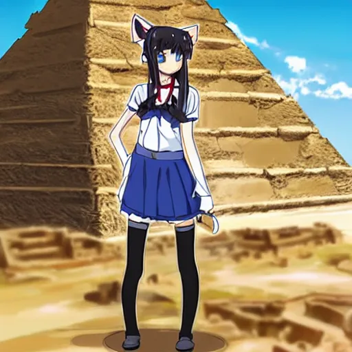 Image similar to anime archaeologist catgirl wearing a maid outfit exploring the eqyptian tombs inside the pyramids