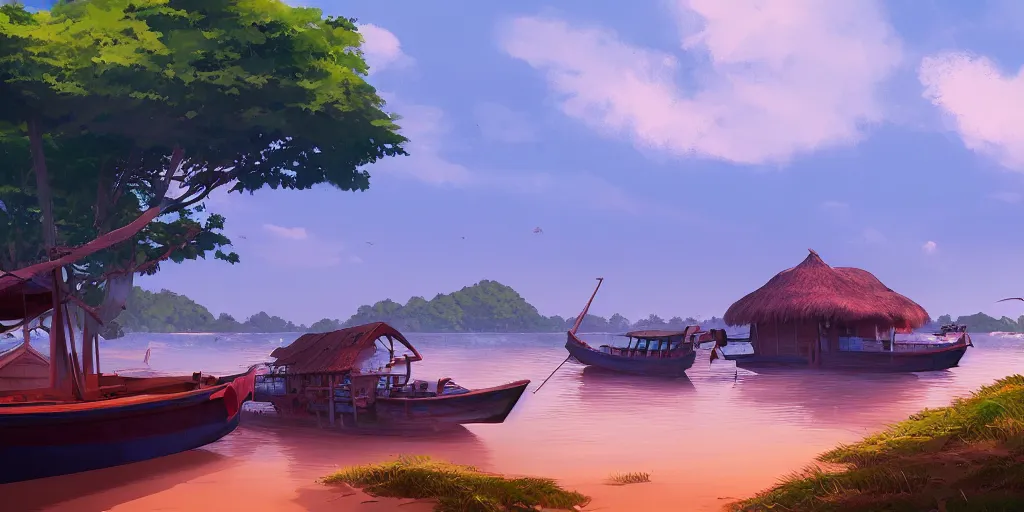 Image similar to pulau indah village, boat in foreground, early morning, detailed matte painting, low angle view, telephoto lens, bokeh, studio ghibli, artstation