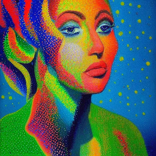 Prompt: an abstract portrait of a woman, pointillism, big brushstrokes, vivid colours, it is a very beautiful painting