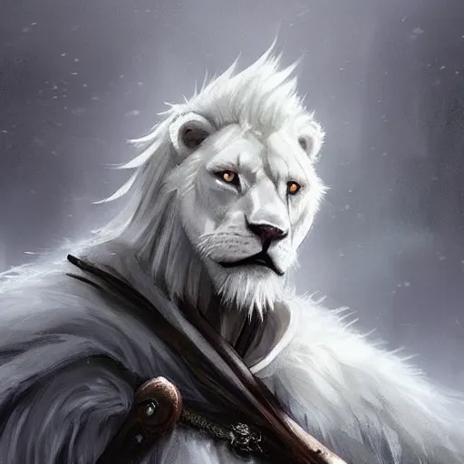 Image similar to anthropomorphic male muscular albino white lion, wearing beautiful game of thrones outfit, darkness aura, fantasy, mysterious low key lighting, winter blizzard atmosphere, high contrast portrait, character design by charlie bowater, ross tran, artgerm, and makoto shinkai, detailed, inked, western comic book art, 2 0 2 1 award winning film poster paintingy