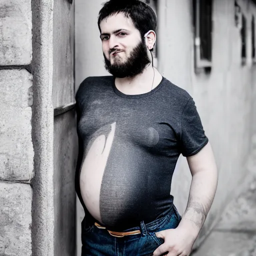 Image similar to a young goth man with a heavily pregnant belly in a t shirt and jeans