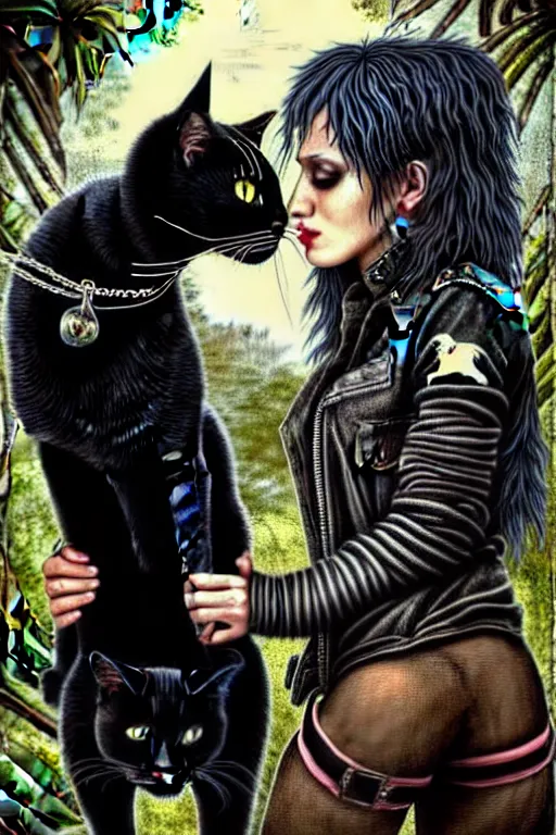 Image similar to punk rock girls kissing and making selfie with black cats in jungle , 1980 style, mad max jacket, post apocalyptic, Cyberpunk, renaissance, Gothic, mystic, highly detailed, digital painting, 4k, fog, oil painting by Leonardo Da Vinci, hyper realistic style, fantasy by Olga Fedorova