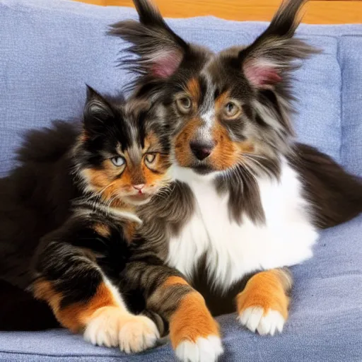 Image similar to australian shepherd cuddling with a maine coon