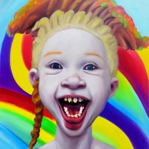 Prompt: a happy little albino girl with blonde dreads eating ice cream smiling, sitting ontop of a rainbow, high quality, detailed oil painting