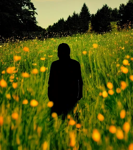 Prompt: shadow person figure standing at distance in beautiful meadow of flowers, film photo, grainy, high detail, high resolution