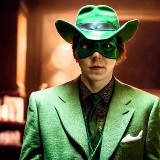 Image similar to film still of Paul Dano as Riddler in a green suit and tie and green fedora in The Batman, 4k, dark lighting, film noir, grainy, dark tone