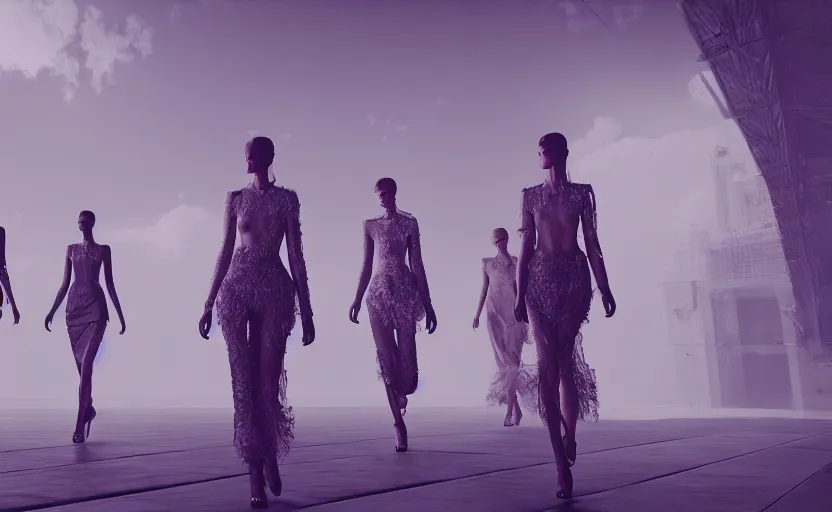 Image similar to Fashion Catwalk!! on a platform in an Angelic Floating City in the Clouds, Fashion Photography, Hyperrealistic, Intricate Details, Raytracing, Volumetric Lighting, Lightshafts, Smooth Gradients, Unreal Engine 5, Photorealism, Concept Art