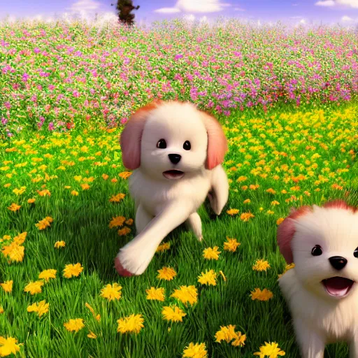Prompt: Manga cover portrait of an extremely cute and adorable beautiful group of happy puppies running in a flower field, summer vibrance, 3d render diorama by Hayao Miyazaki, official Studio Ghibli still, color graflex macro photograph, Pixiv, DAZ Studio 3D