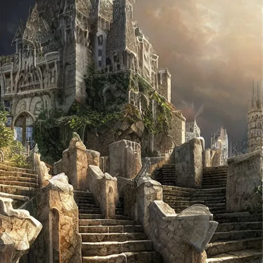 Image similar to a herd of goats! climbing stairs in a beautiful fantasy castle made from white stone and bright copper, medieval city, metropolis, magic, tall towers, sunlight, white marble, god rays, digital art, landscape, fantasy art, octane render, unreal engine, high detail, very realistic, by greg rutkowski. by james gurney