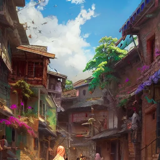 Image similar to colorful Kurdish village, anime, a fantasy digital painting by Greg Rutkowski and James Gurney, trending on Artstation, highly detailed