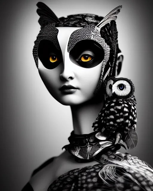 Prompt: surreal mythical dreamy dark artistic black and white fine art 3 / 4 fashion portrait photo of a young beautiful delicate female robot - owl with orchid - doll face, rim light, cinematic, studio dramatic light, poetic, masterpiece, octane render, 8 k, photo - realistic by gustave dore hg giger