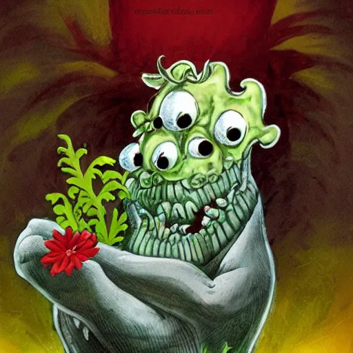 Image similar to the most disgusting monster in the world, holding and smelling a flower