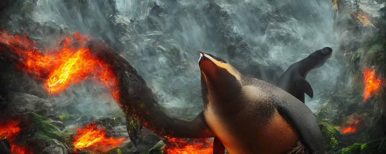 Image similar to a giant penguin breathing fire into a rainforest, large scale, breathtaking, mixed media, digital art, trending on artstation, 8k, epic composition, highly detailed, AAA graphics