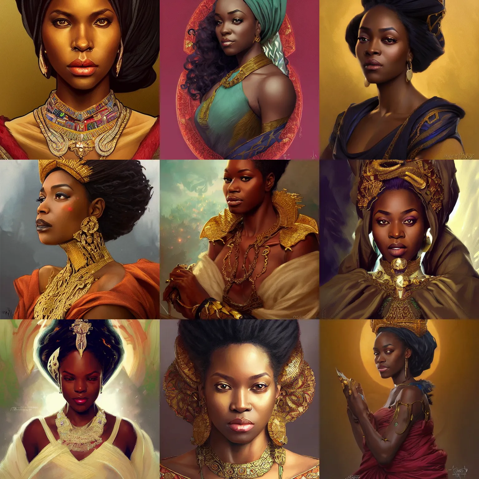 Prompt: regal nigerian queen, fantasy, D&D, portrait, highly detailed, digital painting, artstation, concept art, sharp focus, illustration, art by artgerm and greg rutkowski and alphonse mucha