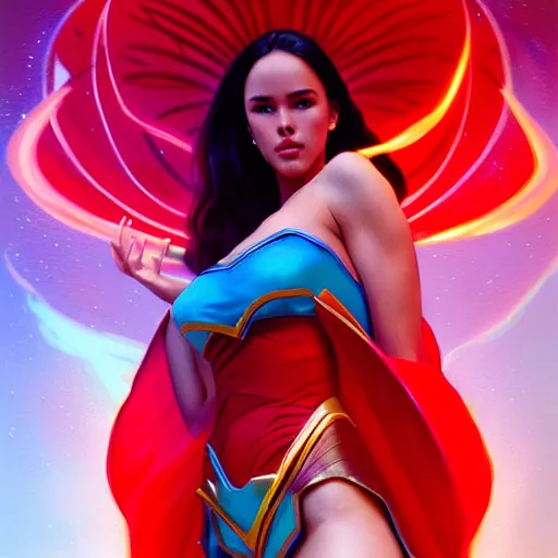 Prompt: catriona gray as darna, volumetric lights, red and cyan theme, art nouveau botanicals, intricate, highly detailed, digital painting, artstation, concept art, smooth, sharp focus, cinematic, illustration, beautiful face, art by artgerm and greg rutkowski and alphonse mucha