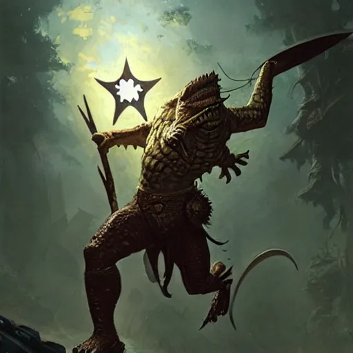 Image similar to a crocodile warrior holds a morning star and a shield, by greg rutkowski, magic the gathering,